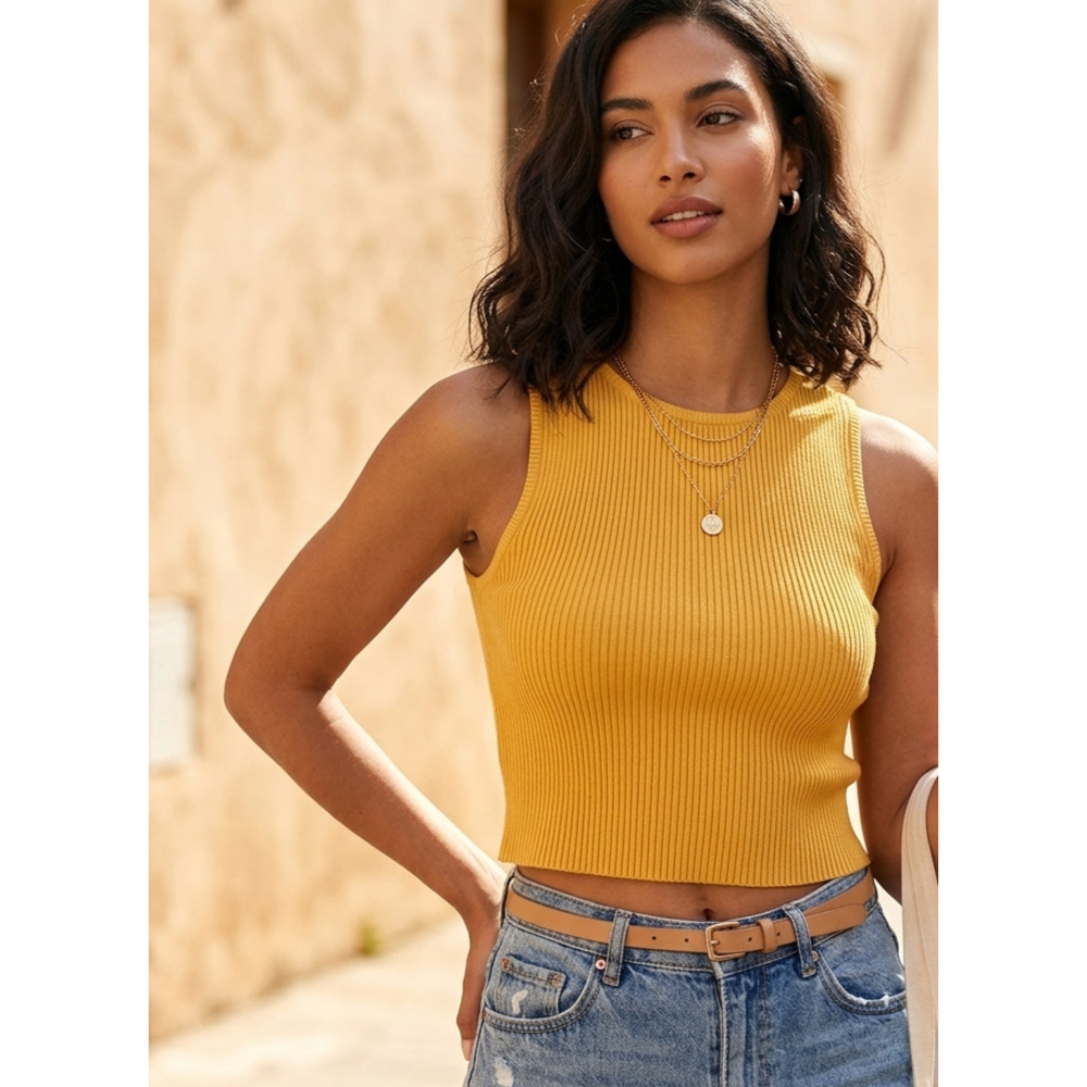 Verve Mustard Yellow Ribbed Knit High Neck Sleeveless Crop Top Tank Size Small